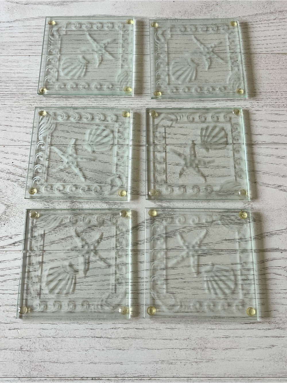 Vintage Kate Aspen Set of 6 Embossed Glass Coasters with Starfish & Seashells